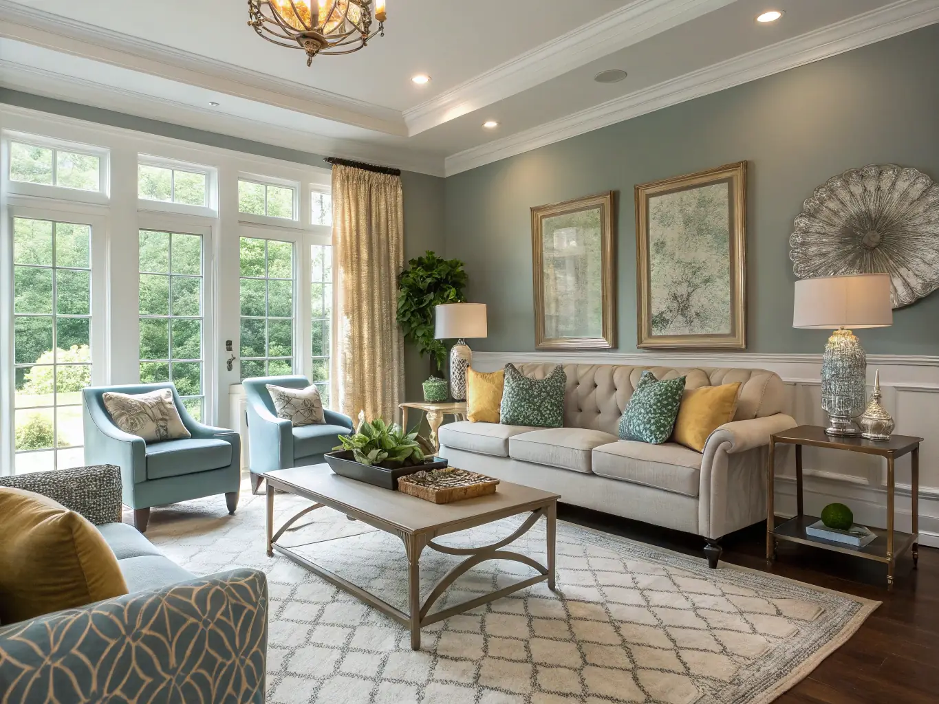 A beautifully painted living room with vibrant wall colors and clean edges, showcasing ModernPaint's interior painting service.